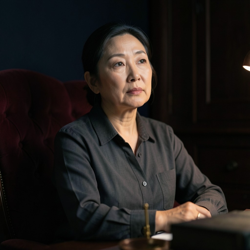 Portrait of Lee Haeun seated in a dim study with warm copper light