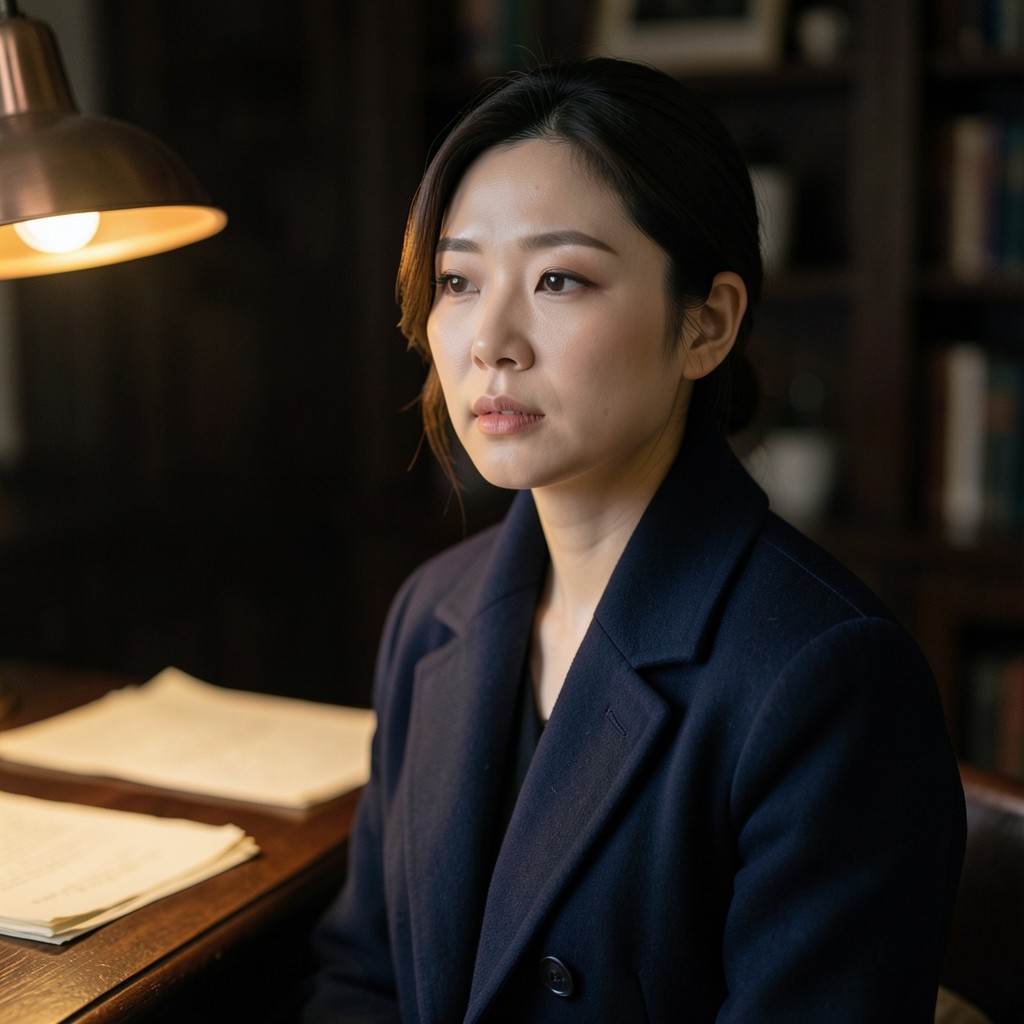 Portrait of Park Soyeon beside a chart table in a plum-toned study