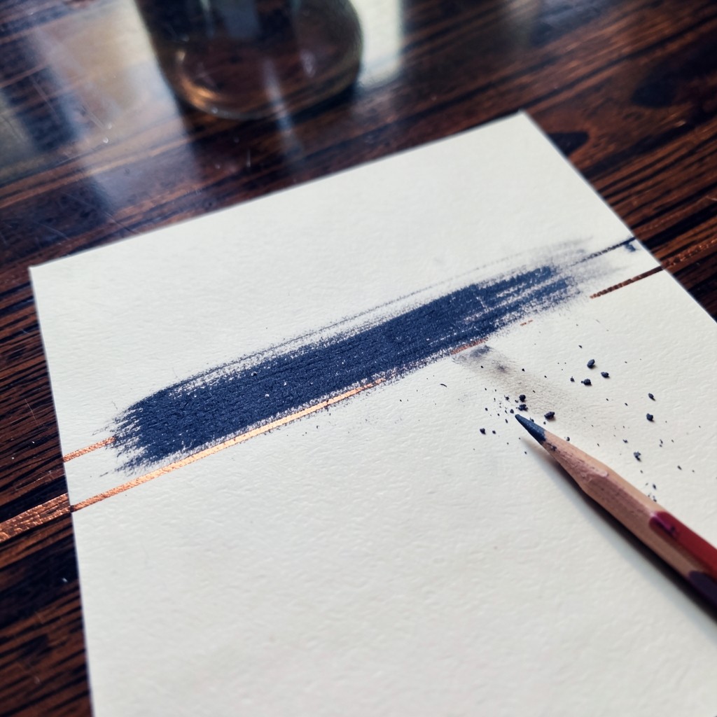 A pencil stroke stepping outside two parallel channel lines on ivory paper