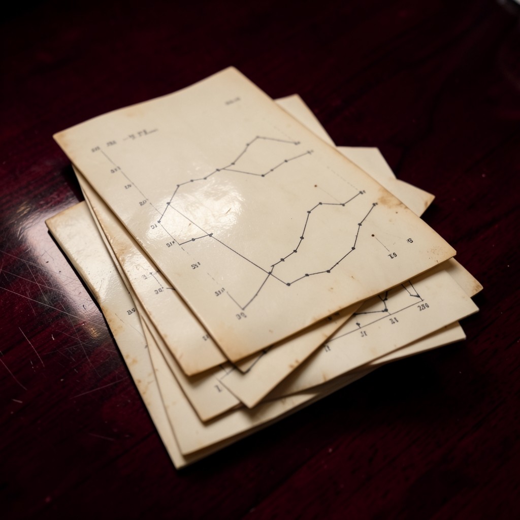 Stacked paper sheets with unlabeled weekly paths and pencil dots at higher lows