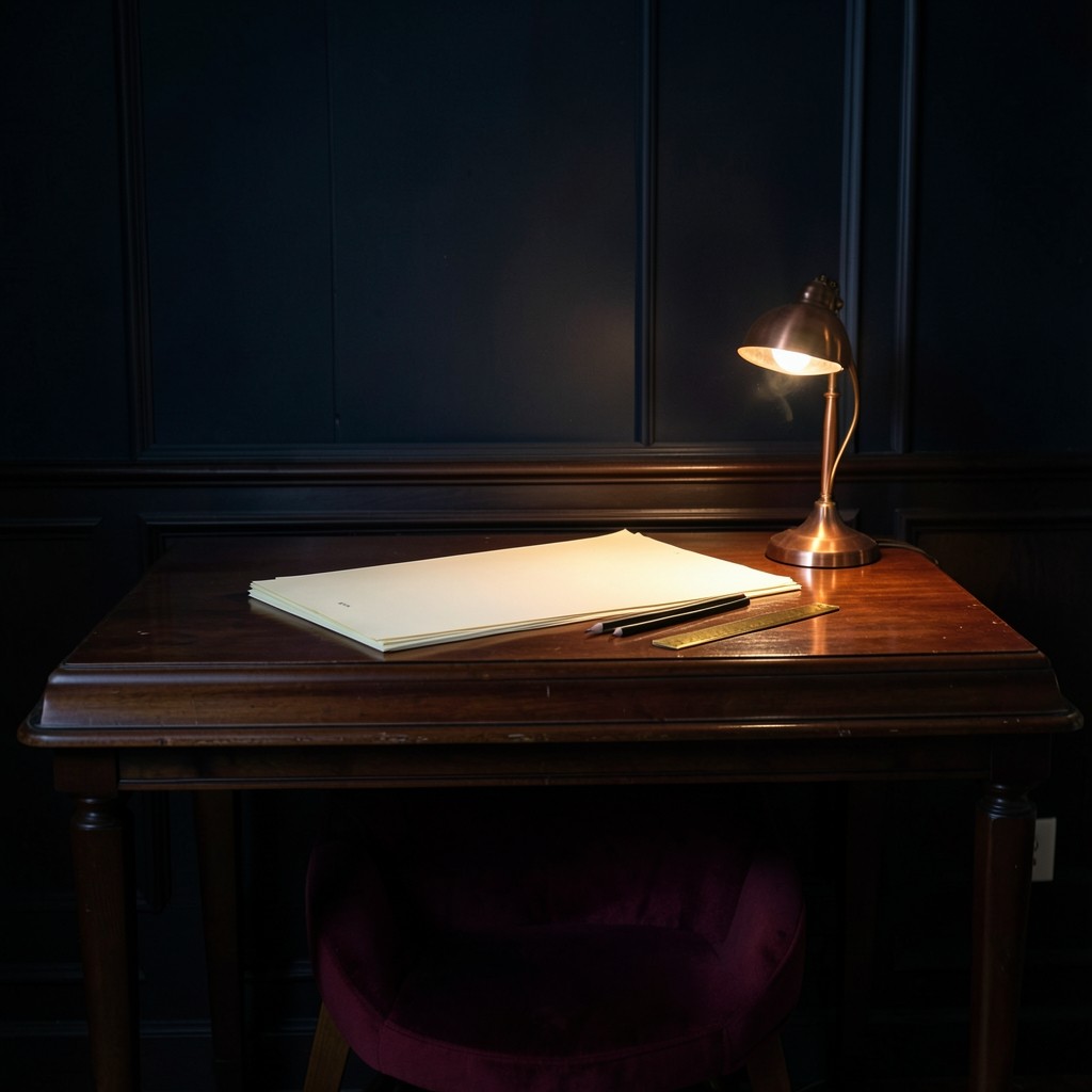 An empty chart desk set with paper sheets, pencils, a brass ruler, and a copper lamp
