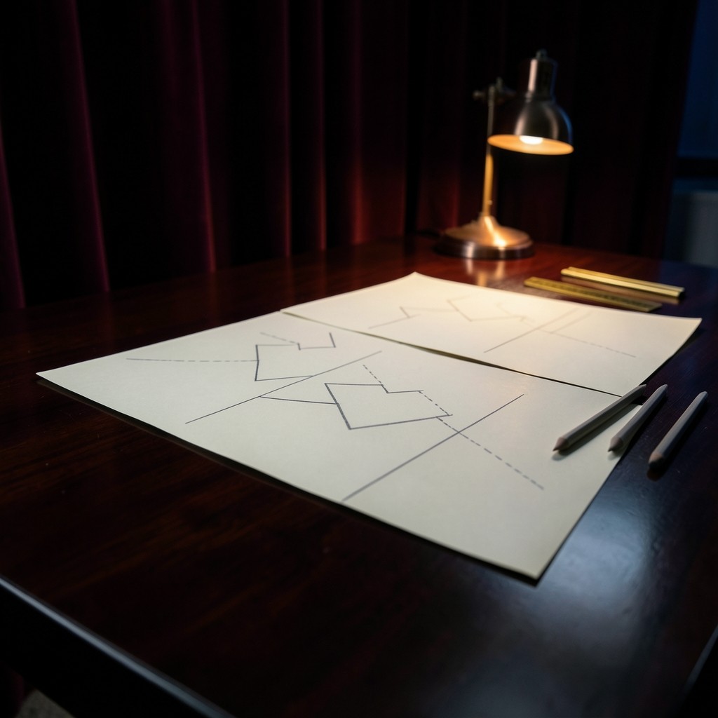 Dark wood study table at night with unlabeled chart sheets, parallel pencil channels, and a copper lamp
