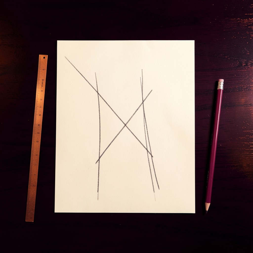 Overhead view of two parallel pencil channel lines and a zigzag path on ivory paper
