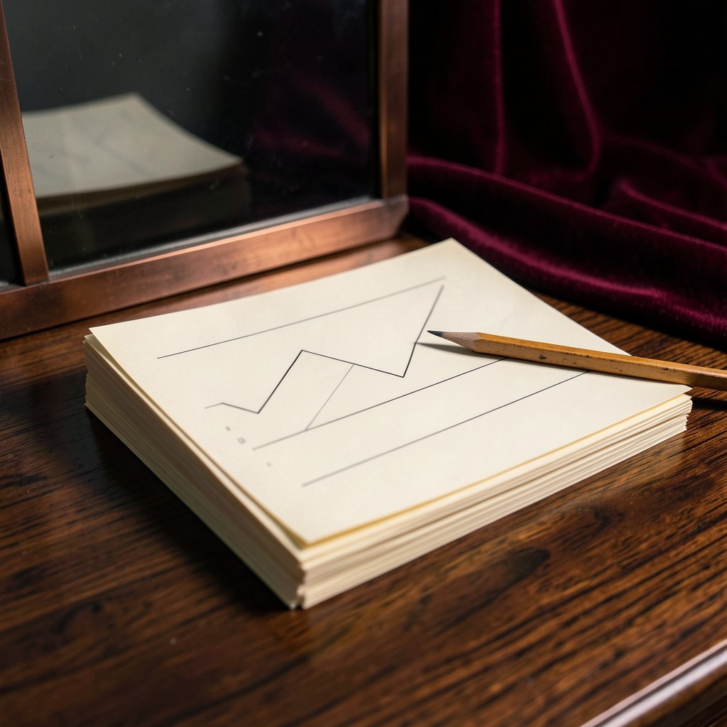 A stack of hand-marked chart sheets and two pencils on a dark wood desk