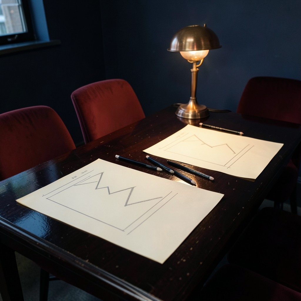Dark wood table set with chart sheets, pencils, and empty burgundy chairs under a copper lamp